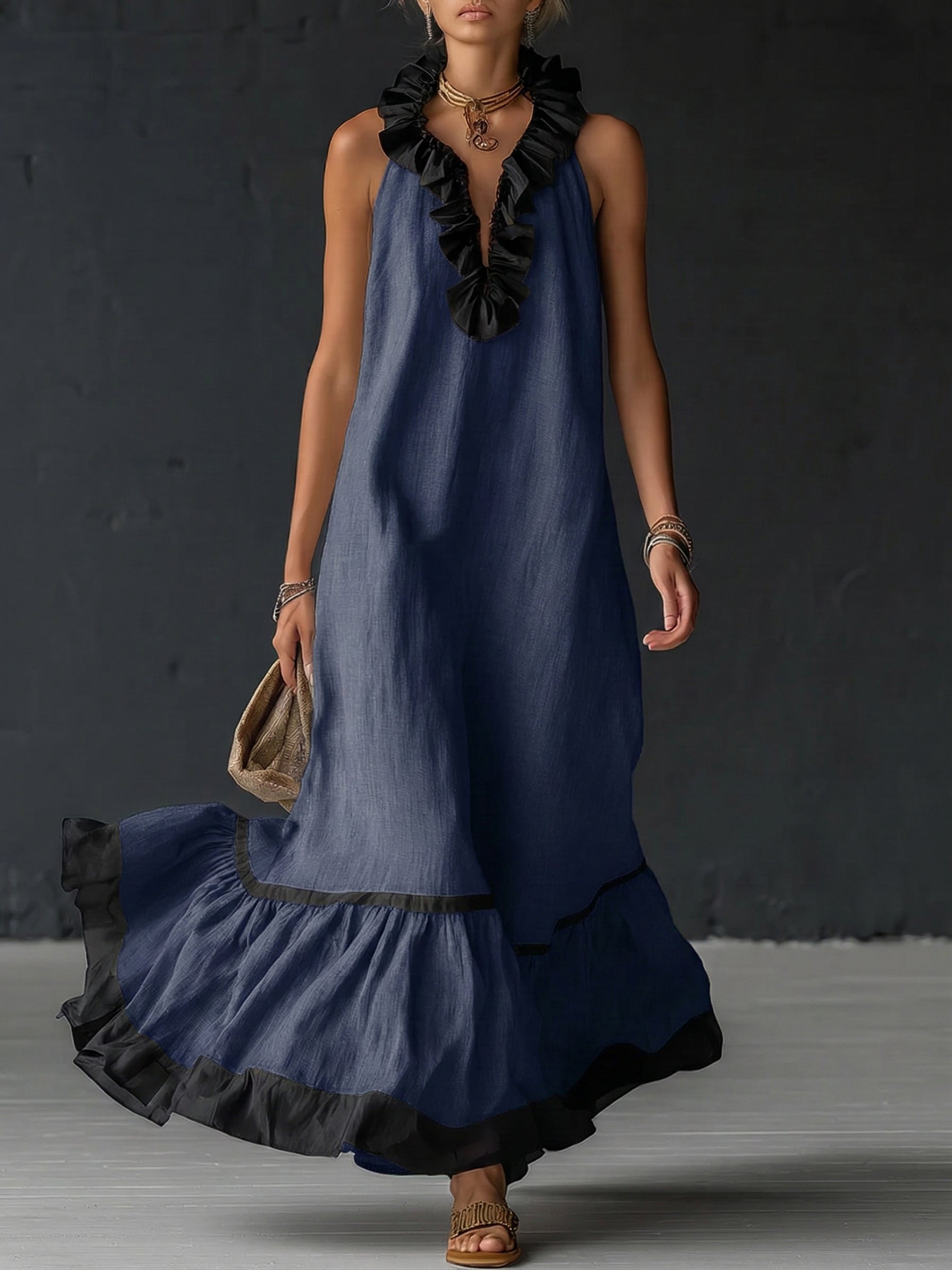 ZELINA™ | Elegant Colour Block Maxi Dress with Romantic Ruffles