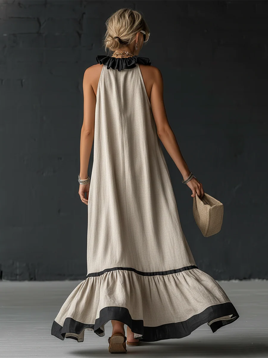 ZELINA™ | Elegant Colour Block Maxi Dress with Romantic Ruffles