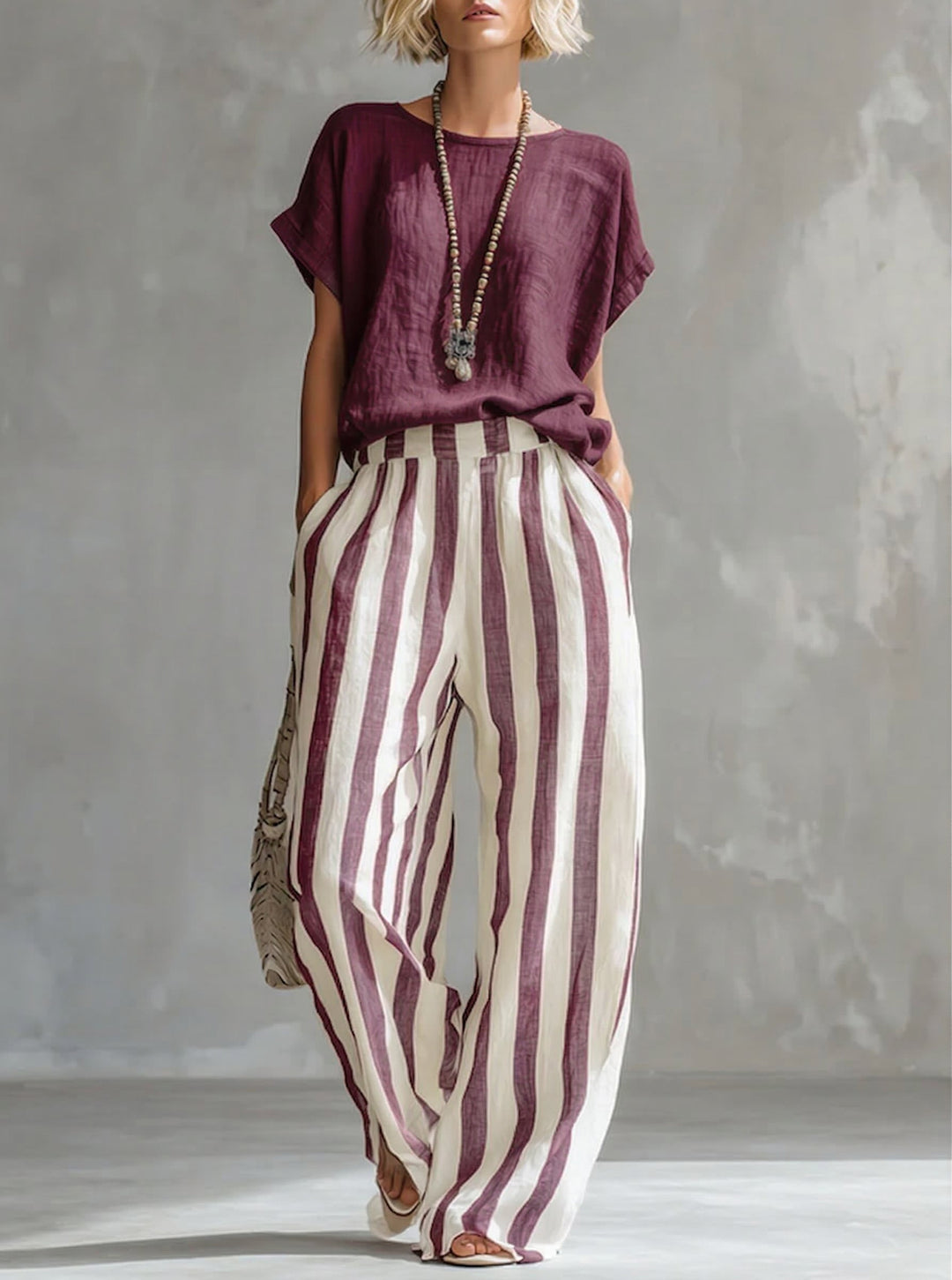 Striped relaxed summer co-ord set in blue, available in a range of colours including burgundy, black, navy and yellow