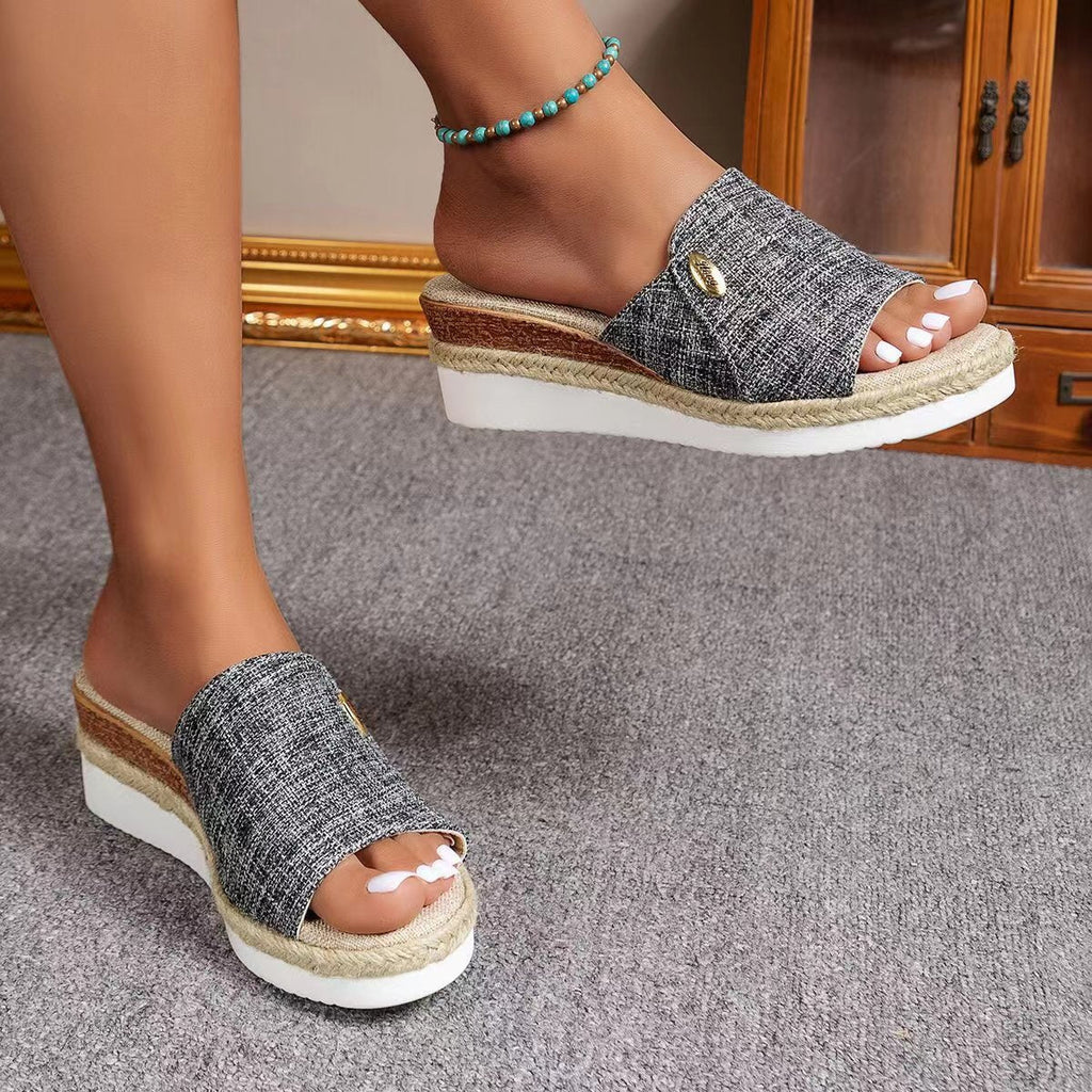 Wide-strap backless wedge sandals in navy with a small metallic trim detail