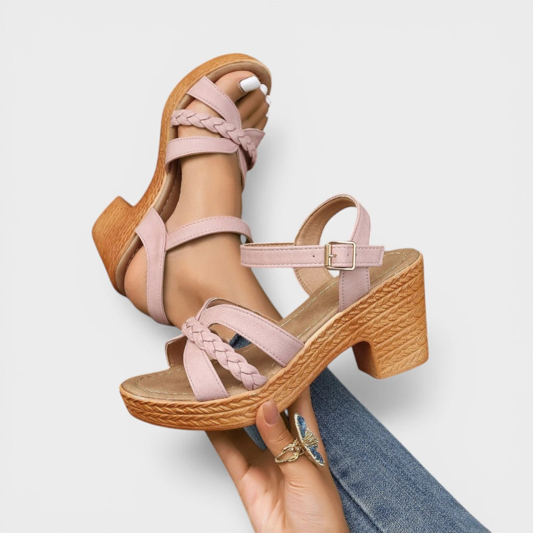 Women's strappy wide-heel sandals in black with slim flattering straps and a stable block heel