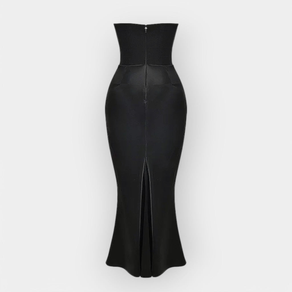 Women's minimalist maxi dress in black with a fluid drape and clean, elegant silhouette