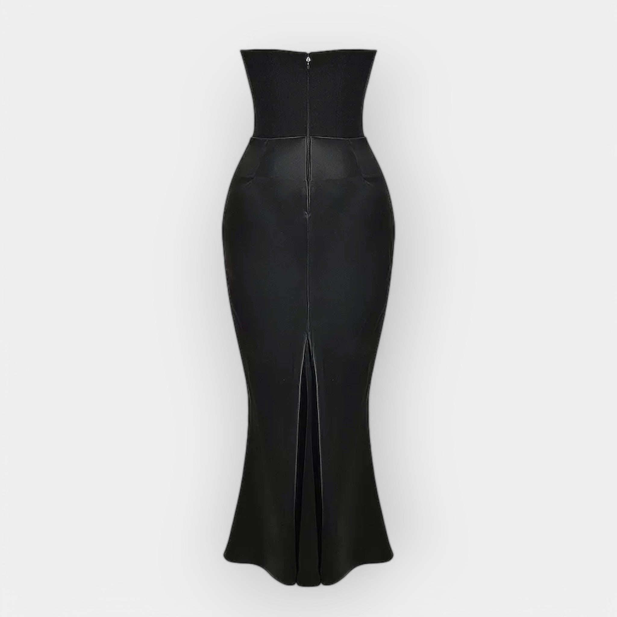 Women's minimalist maxi dress in black with a fluid drape and clean, elegant silhouette