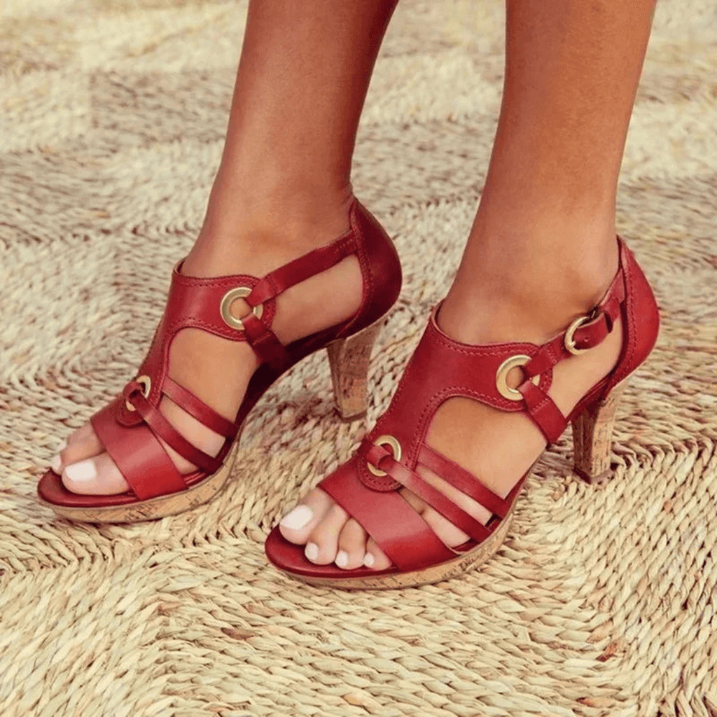 Women's elegant heeled sandals with a stable base in red, brown, black, grey and green