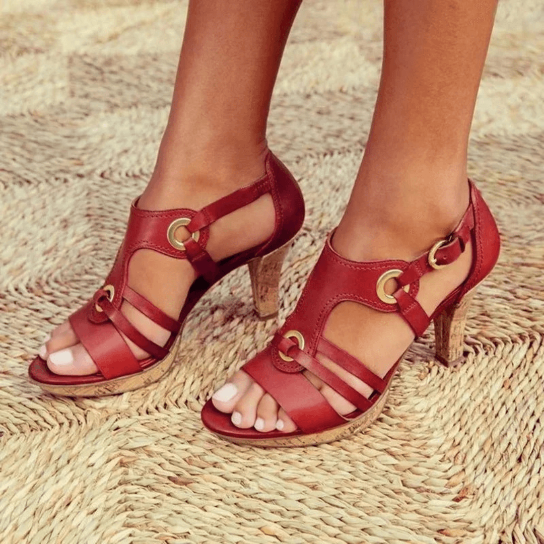 Women's elegant heeled sandals with a stable base in red, brown, black, grey and green