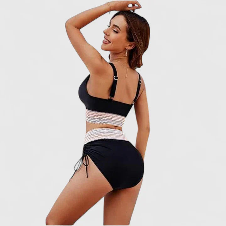 High-waist crossover-top bikini in sage green, light blue, black, dark blue, red and rose