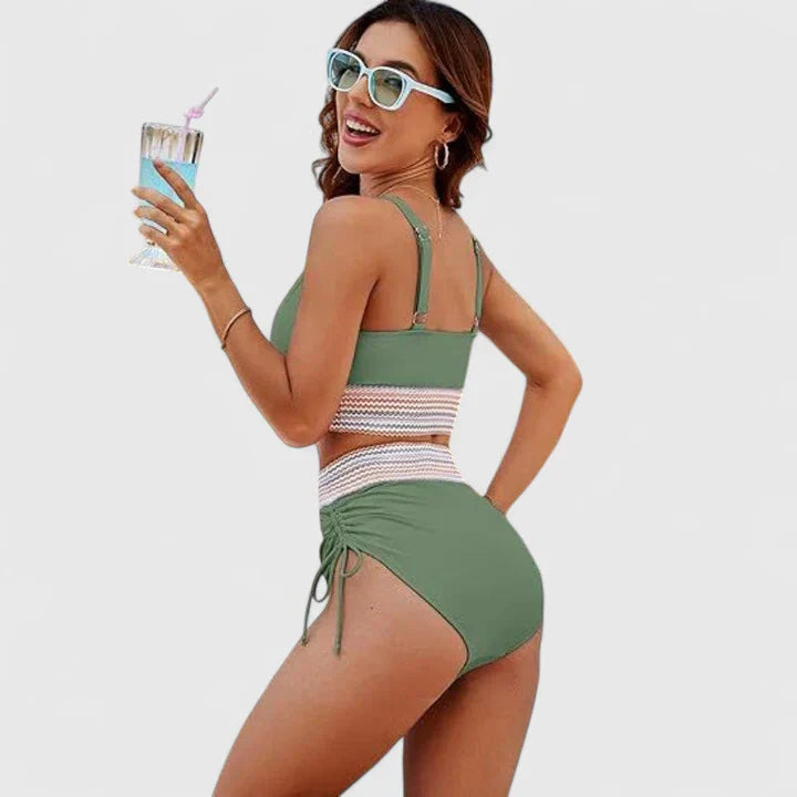High-waist crossover-top bikini in sage green, light blue, black, dark blue, red and rose