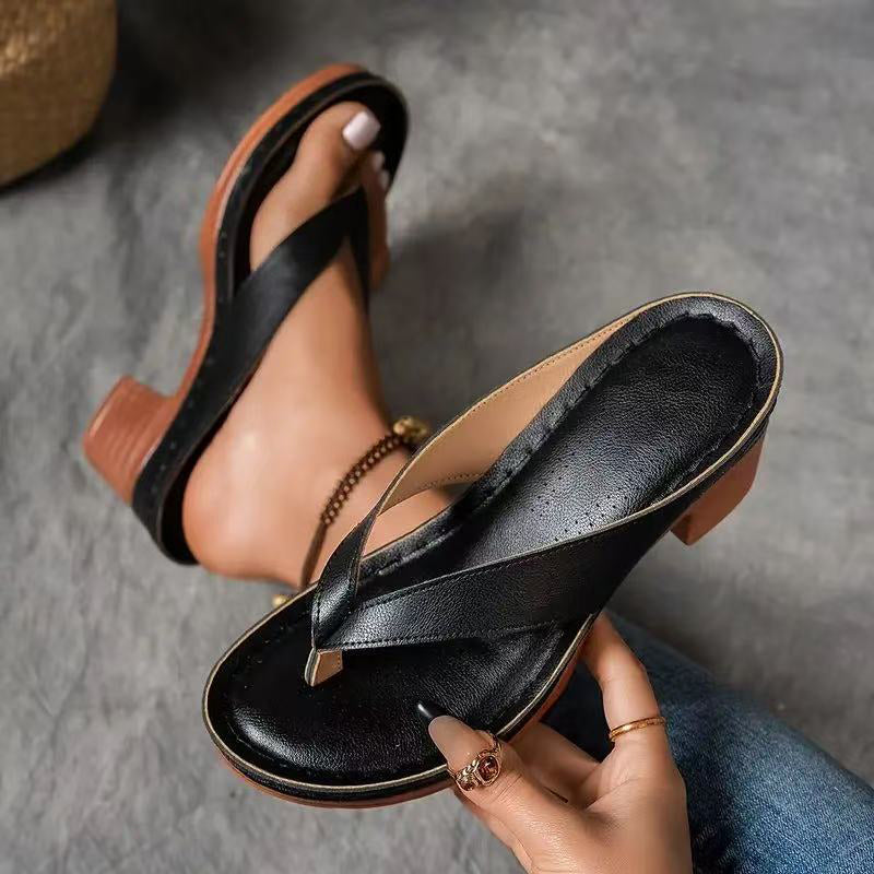 Heeled toe-post sandals with a wide block heel in black, champagne, white and brown