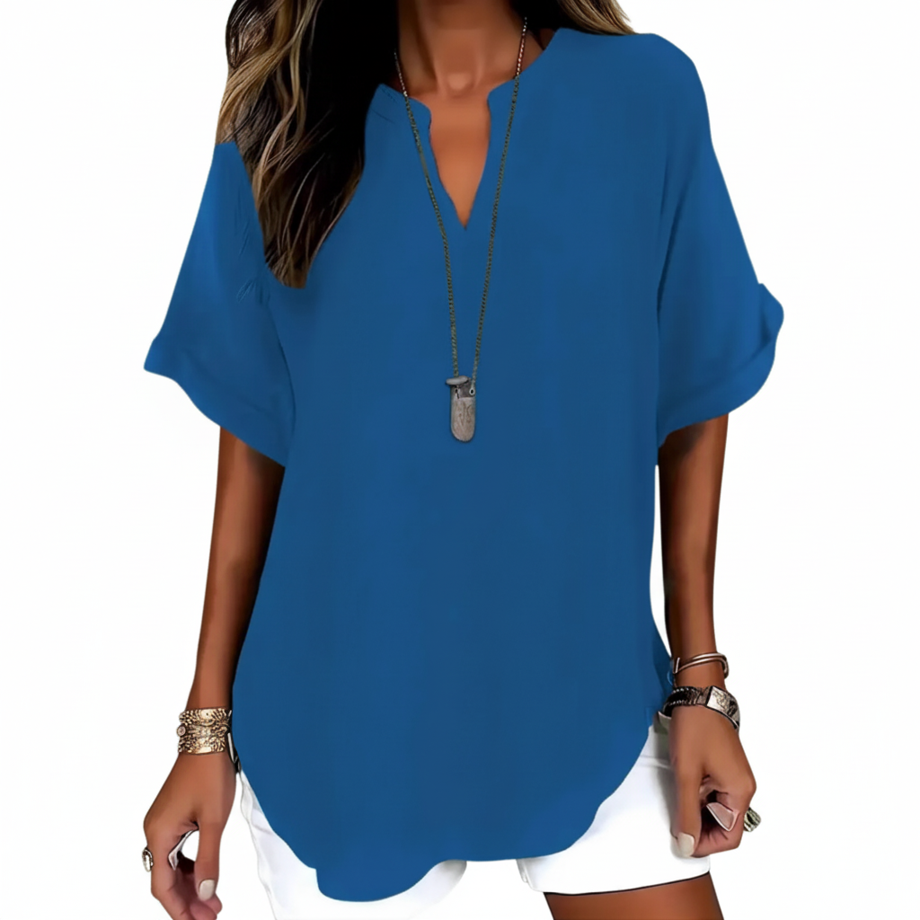 Women's casual navy V-neck blouse with a loose, flowing silhouette