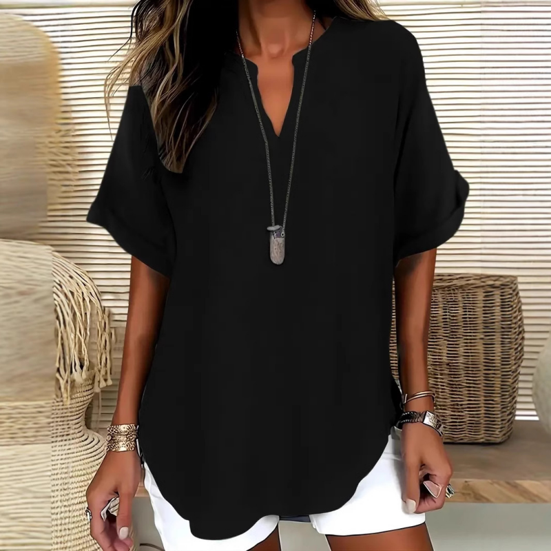 Women's casual navy V-neck blouse with a loose, flowing silhouette