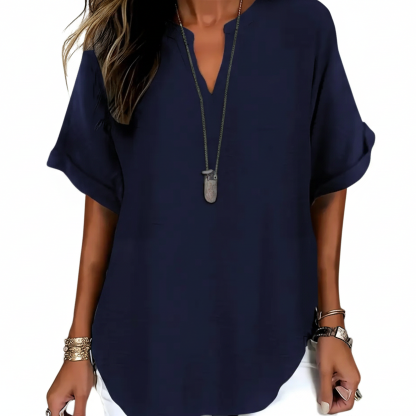 Navy women's casual everyday tunic top with a relaxed, flowing cut