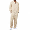 Men's lounge two-piece set in beige with a half-zip top and straight-leg trousers