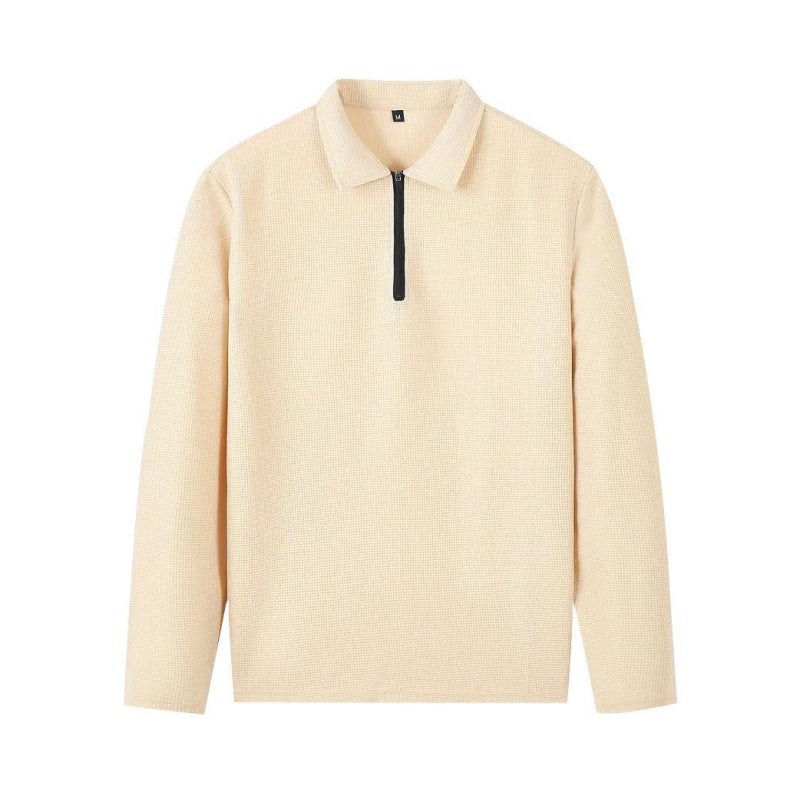 Men's lounge two-piece set in beige with a half-zip top and straight-leg trousers