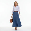 Blue high-waist maxi skirt with a clean structured waistband and flowing length