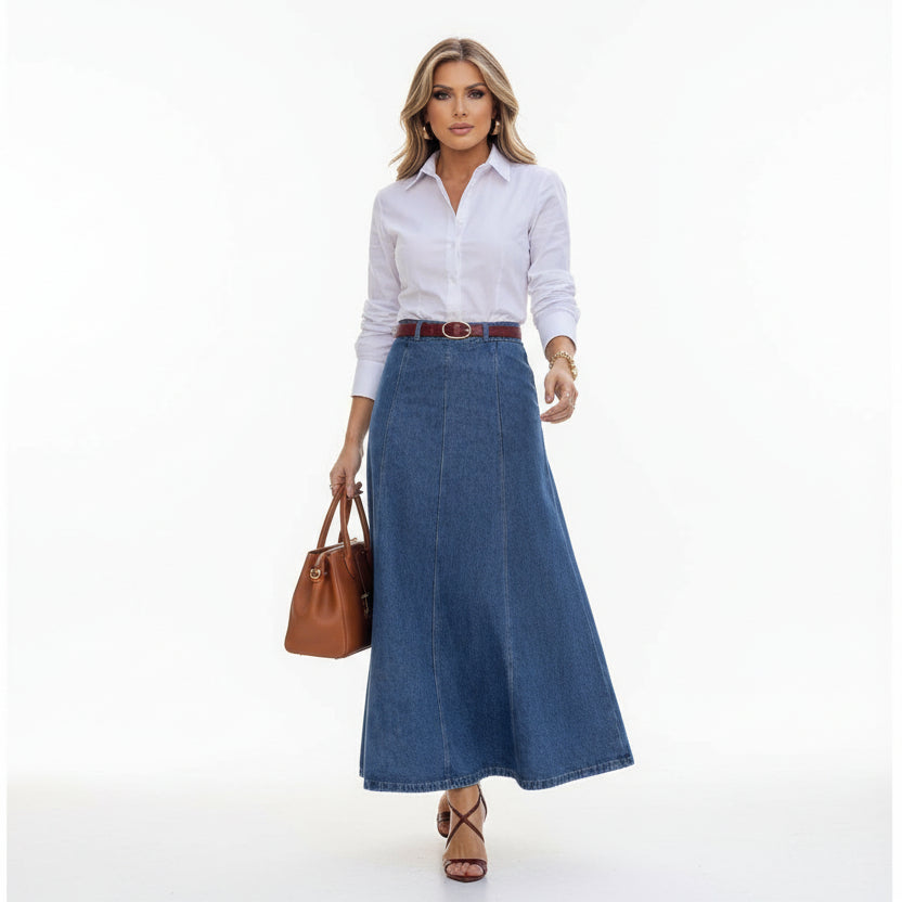 Blue high-waist maxi skirt with a clean structured waistband and flowing length