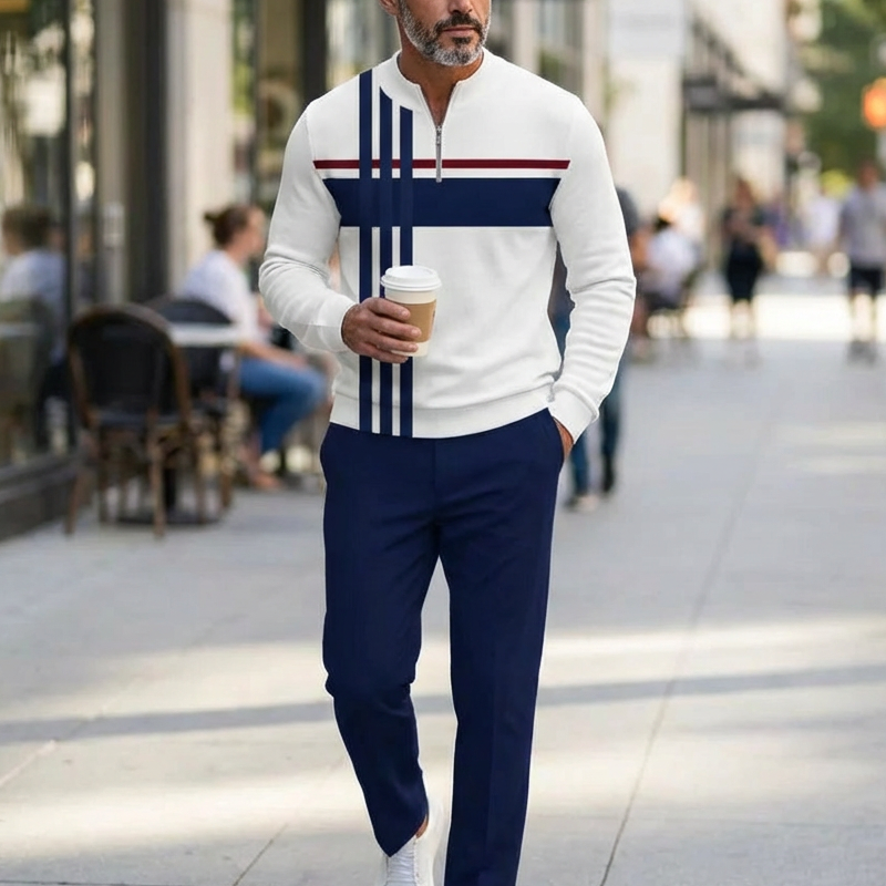 Men's black 2-piece leisure set with zip collar top and matching stripe trousers