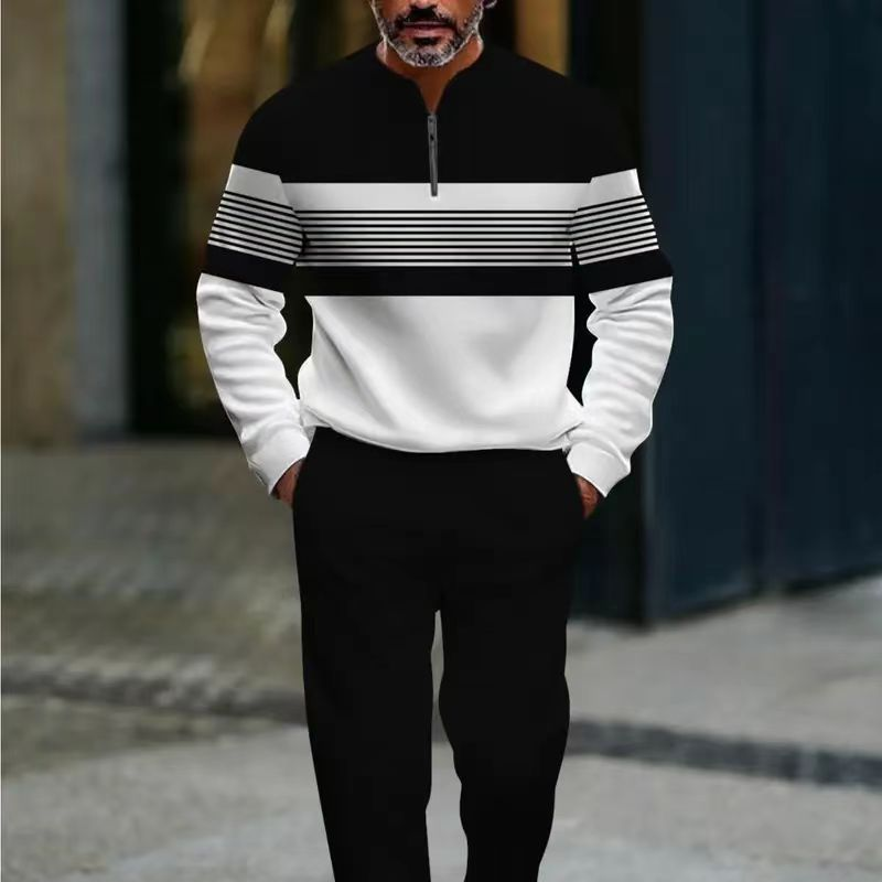 Men's black 2-piece leisure set with zip collar top and matching stripe trousers
