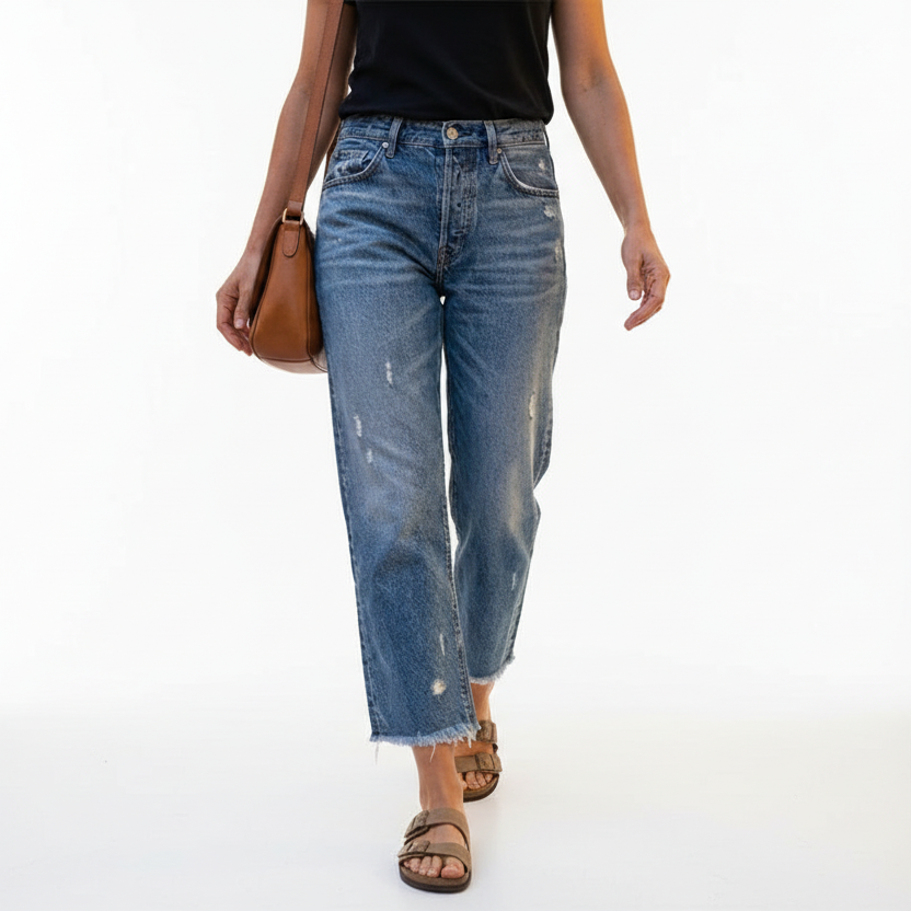 Women's straight leg jeans in classic mid blue with a relaxed silhouette and lightly worn-in detail