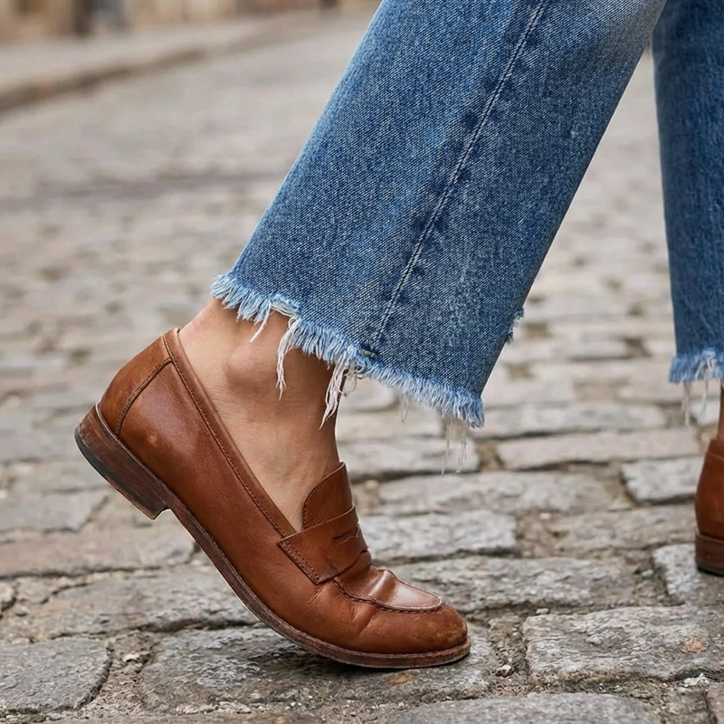 Women's straight leg jeans in classic mid blue with a relaxed silhouette and lightly worn-in detail
