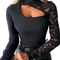 Women's fitted blouse with a single asymmetric openwork sleeve and off-shoulder detail