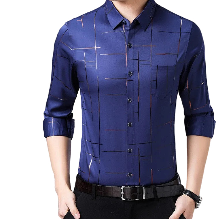 Men's modern patterned shirt in dark navy with a clean structured fit