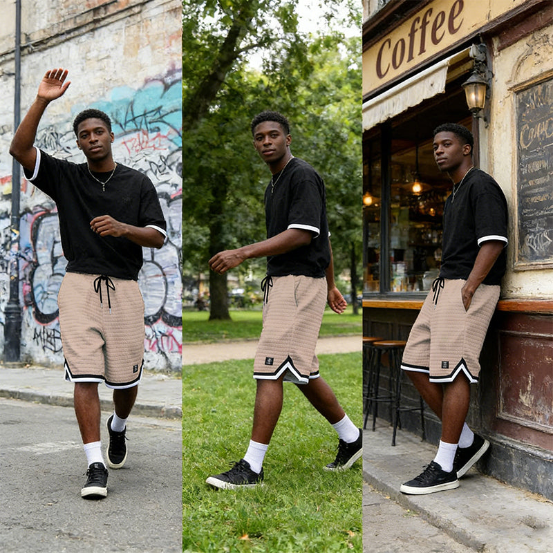 Men's relaxed casual shorts in beige, also available in white, black and grey