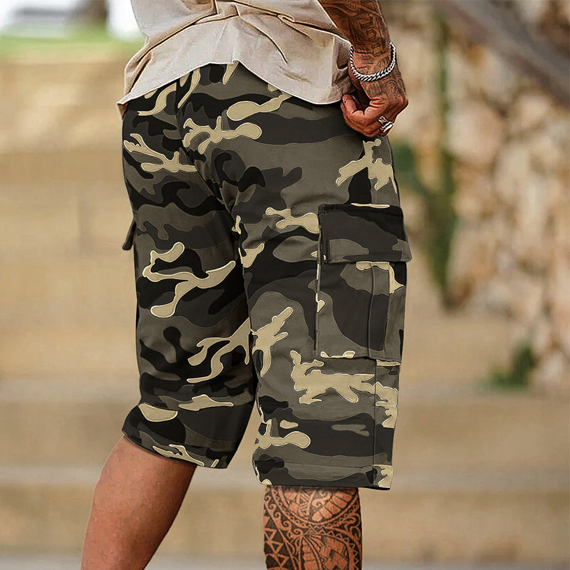 Men's olive cargo shorts with multiple side pockets and a relaxed urban fit