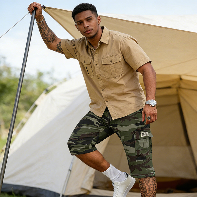 Men's olive cargo shorts with multiple side pockets and a relaxed urban fit