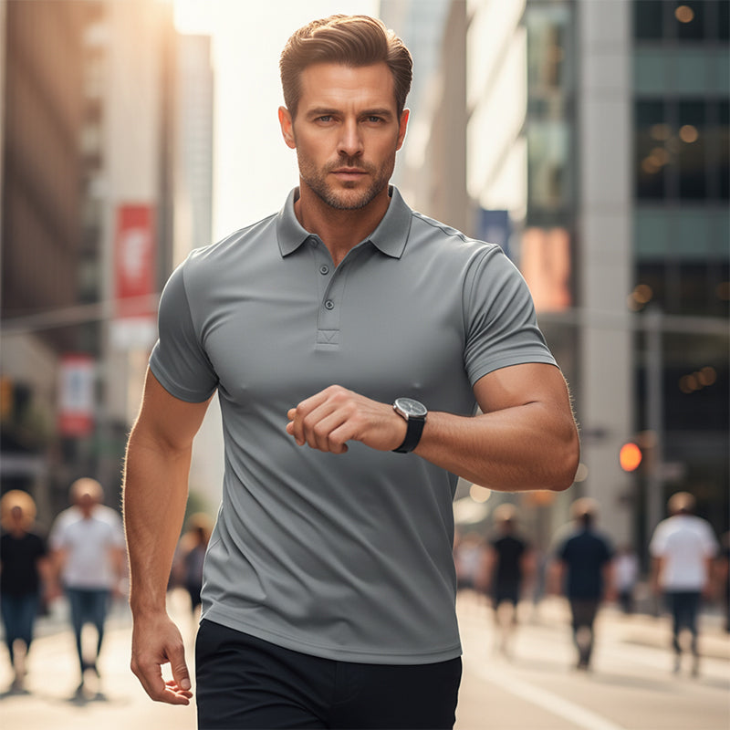 Men's black structured polo shirt with a sporty, body-conscious cut and neat collar