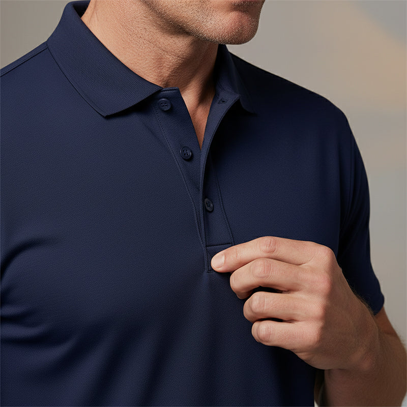 Men's black structured polo shirt with a sporty, body-conscious cut and neat collar