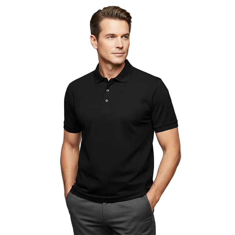 Men's black structured polo shirt with a sporty, body-conscious cut and neat collar