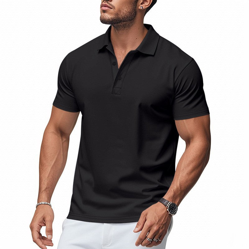 Men's black structured polo shirt with a sporty, body-conscious cut and neat collar