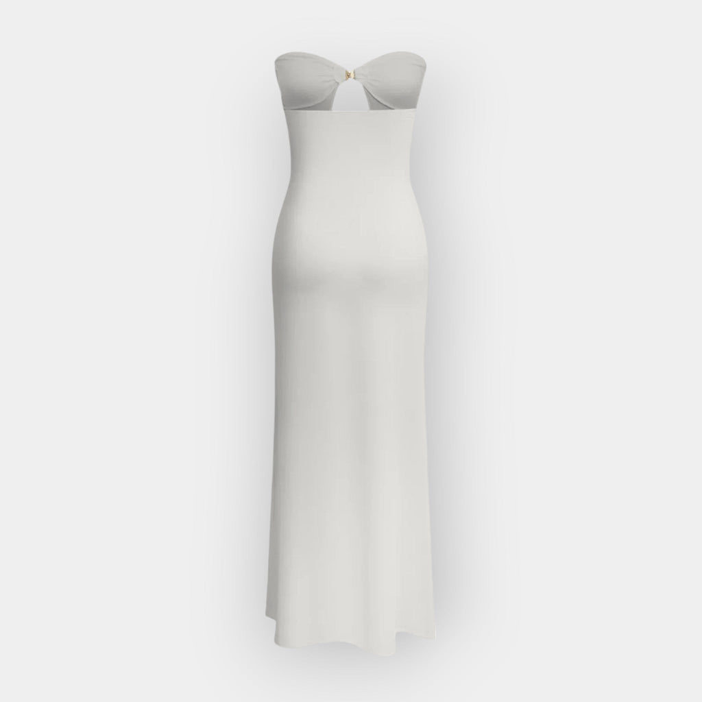 Women's strapless maxi dress in black with a fitted bodice and long, flowing skirt