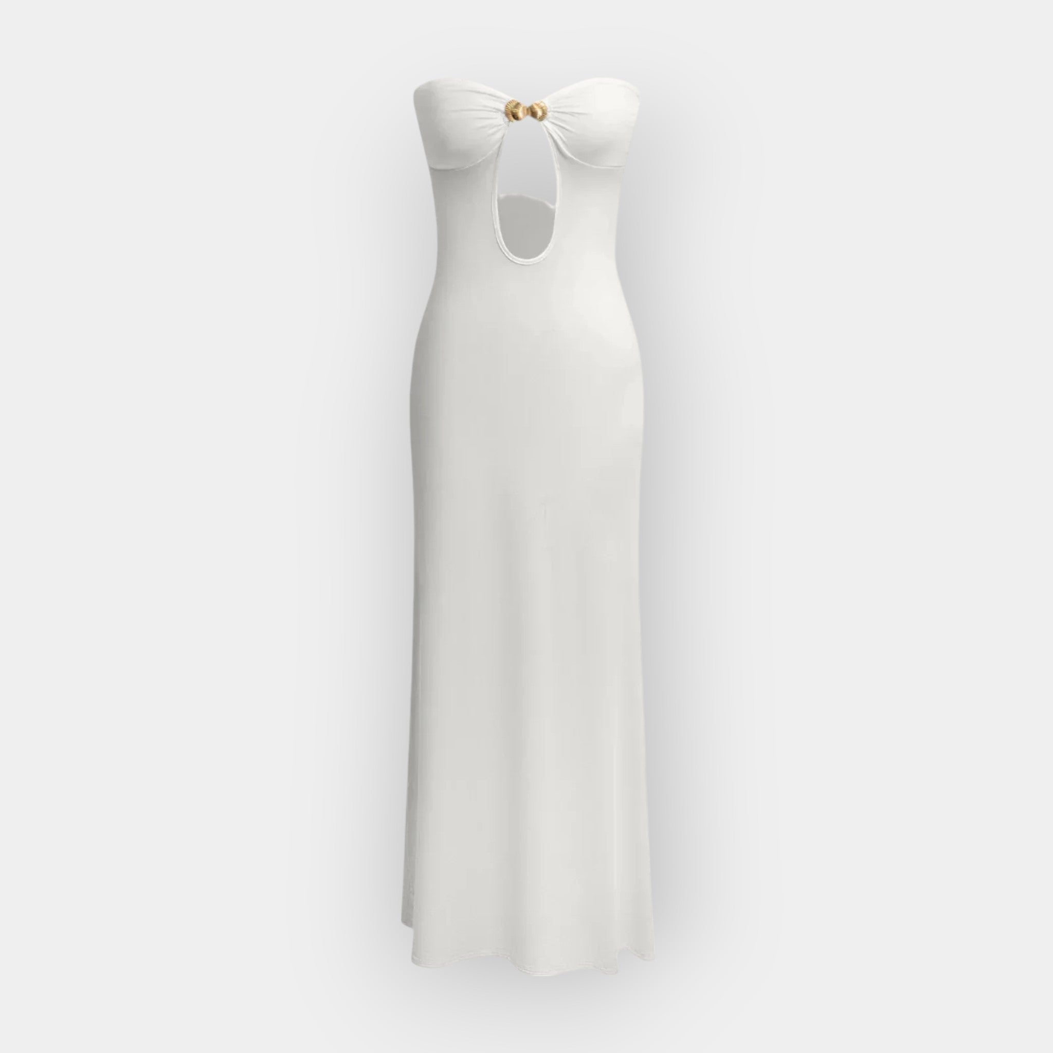 Women's strapless maxi dress in black with a fitted bodice and long, flowing skirt