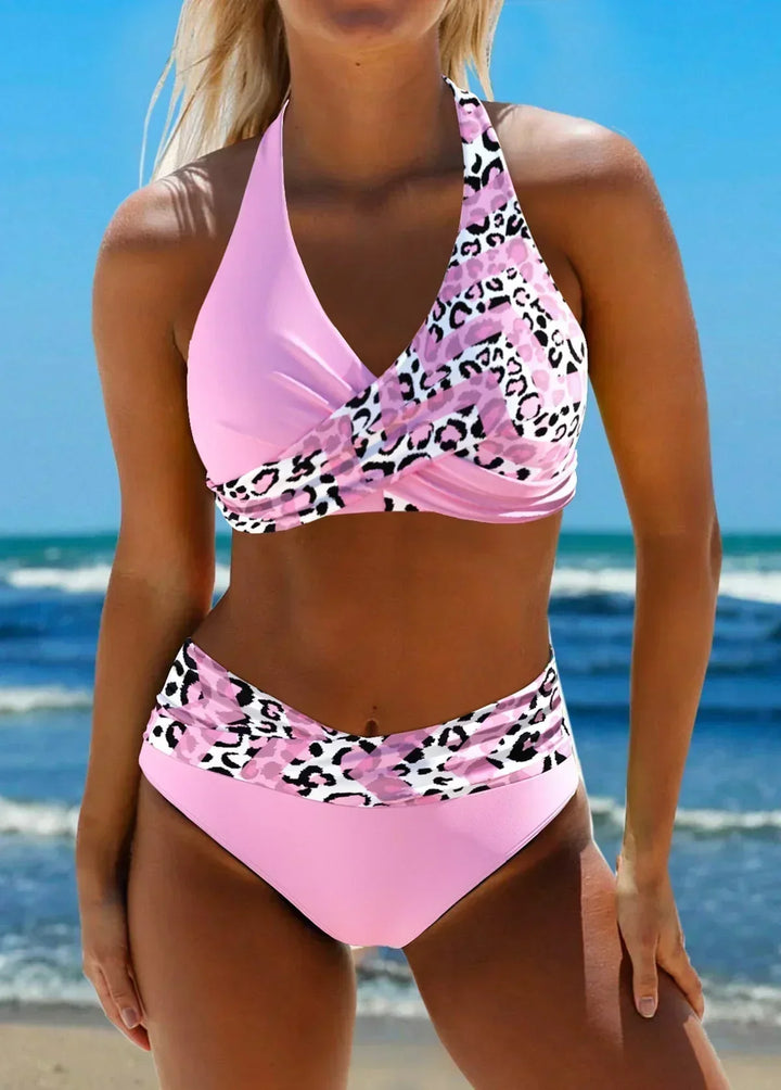 Black crossover high-waist bikini with a V-neckline top and high-cut brief