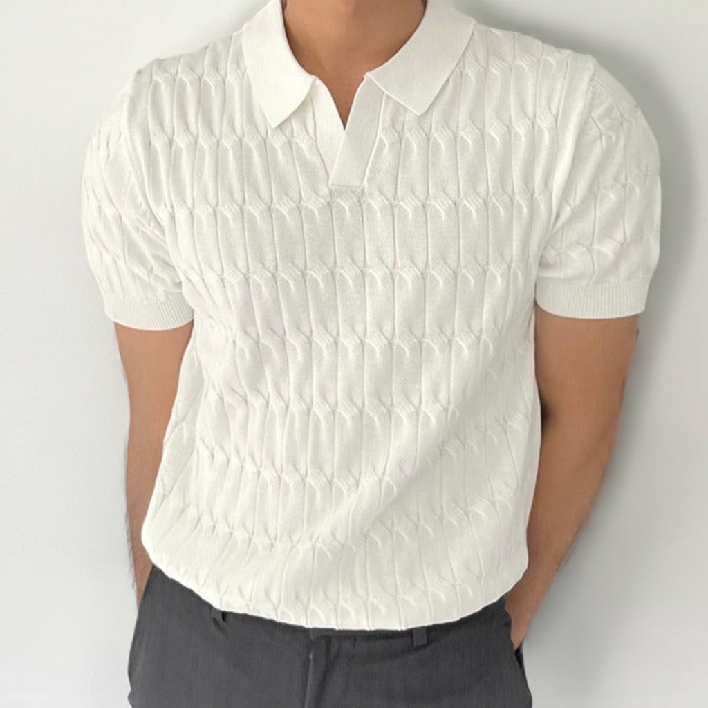 Men's white textured polo shirt with classic collar and clean structured fit