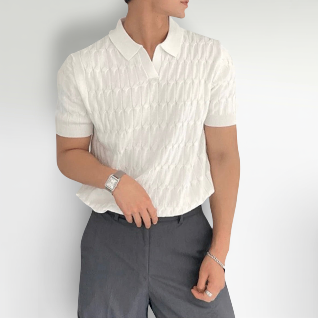 Men's white textured polo shirt with classic collar and clean structured fit