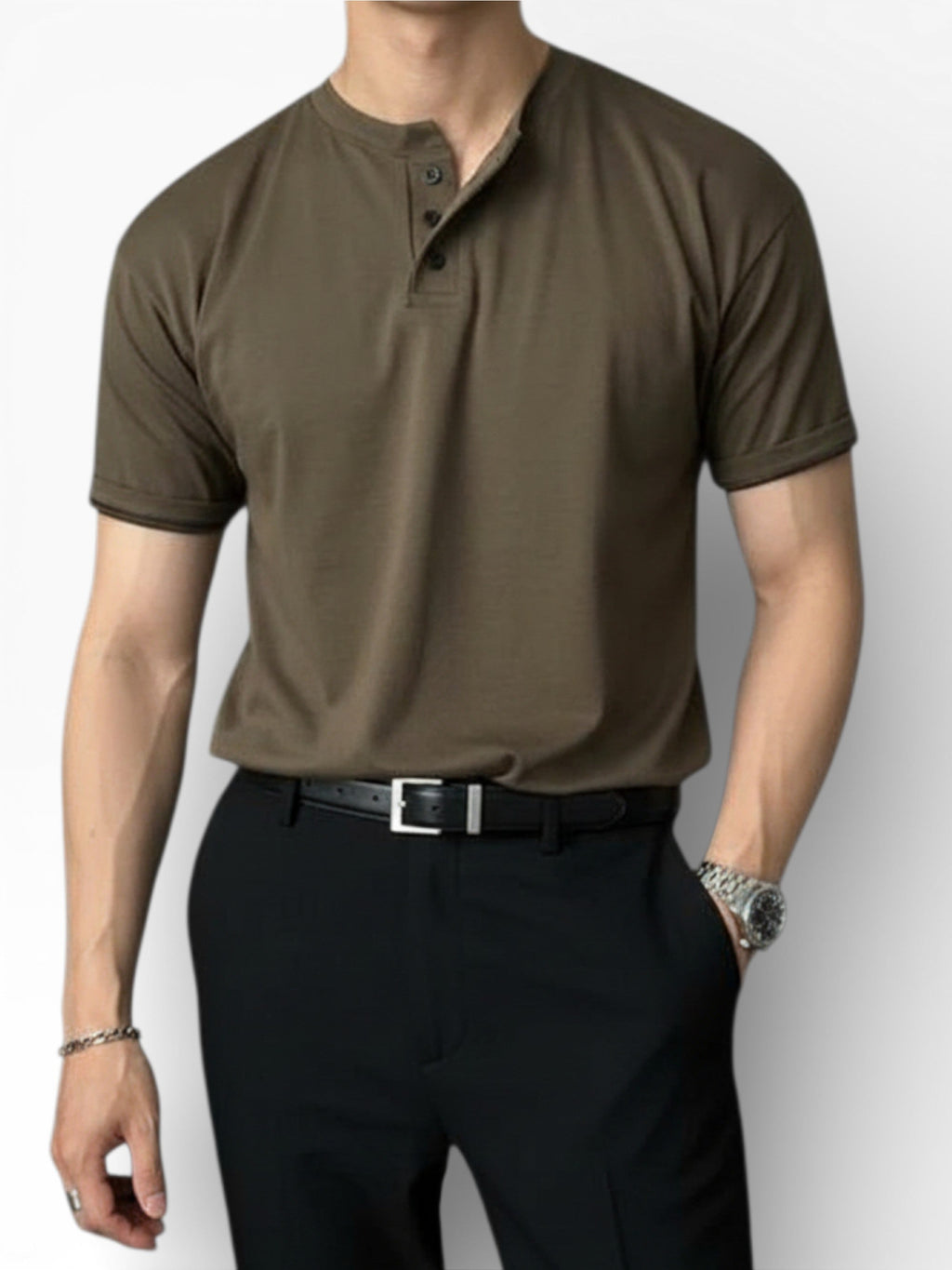 Men's white Henley shirt with classic button placket and clean relaxed fit