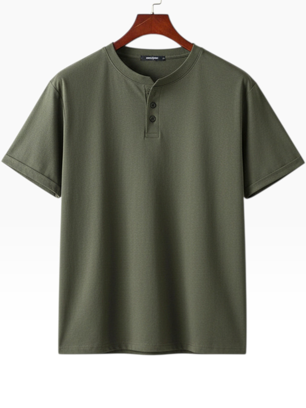 Men's white Henley shirt with classic button placket and clean relaxed fit