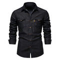 Men's slim-fit washed-blue shirt in dark navy with clean collar and structured silhouette