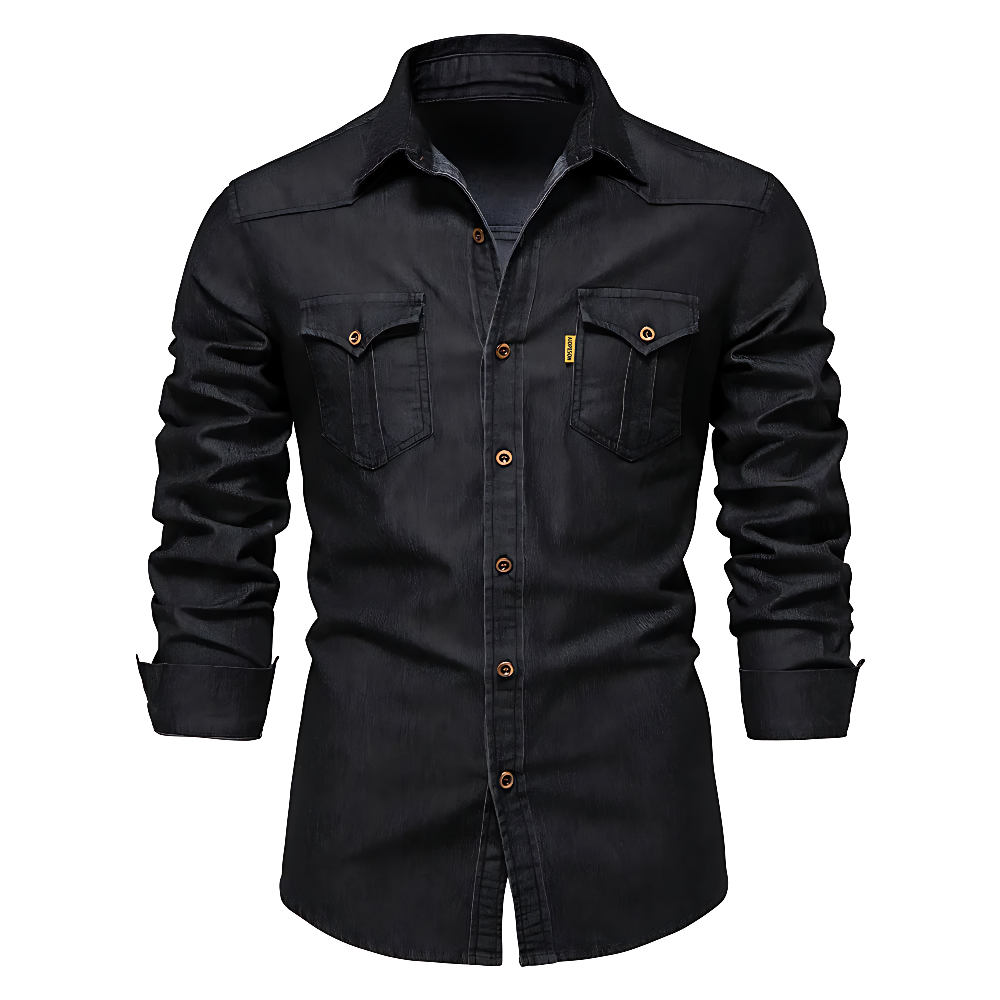 Men's slim-fit casual shirt in dark navy with a clean, structured silhouette