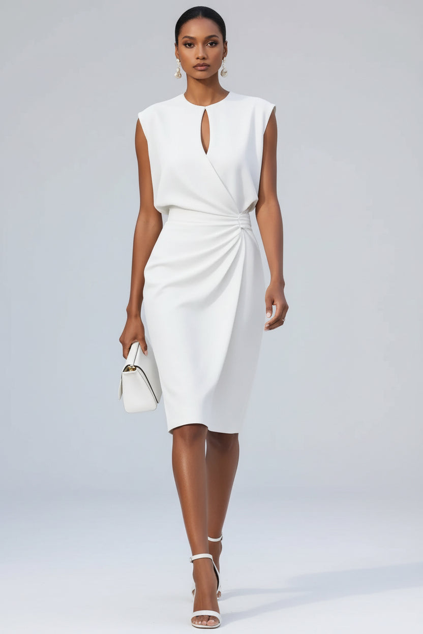 Elegant draped midi dress with a side drape detail in a sleek, sophisticated silhouette