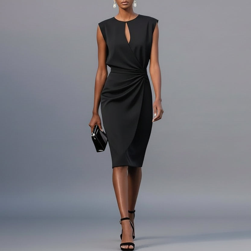 Elegant draped midi dress with a side drape detail in a sleek, sophisticated silhouette