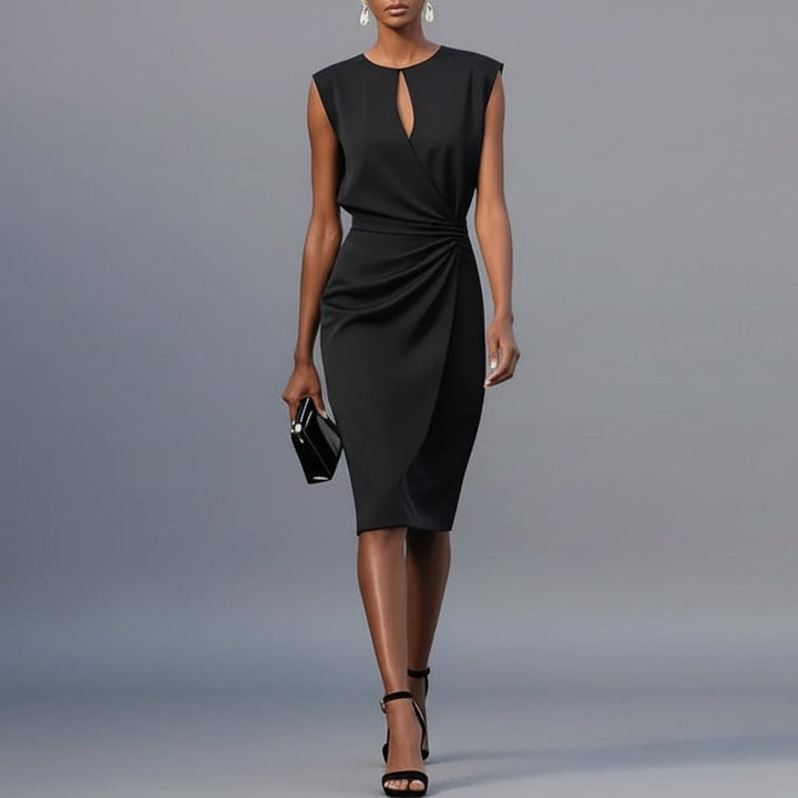 Elegant draped midi dress with a side drape detail in a sleek, sophisticated silhouette