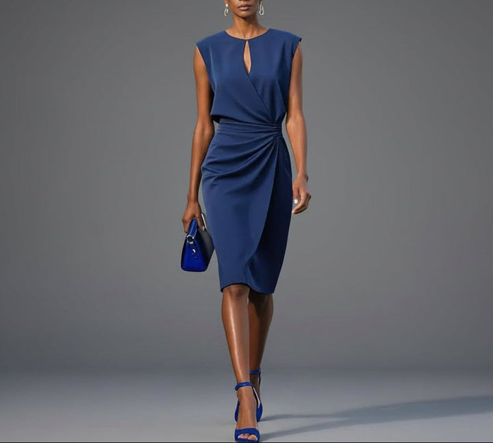 Elegant draped midi dress with a side drape detail in a sleek, sophisticated silhouette
