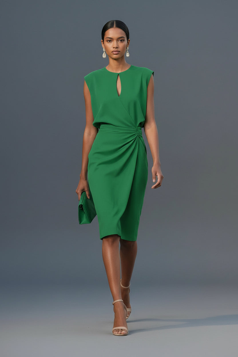 Elegant draped midi dress with a side drape detail in a sleek, sophisticated silhouette