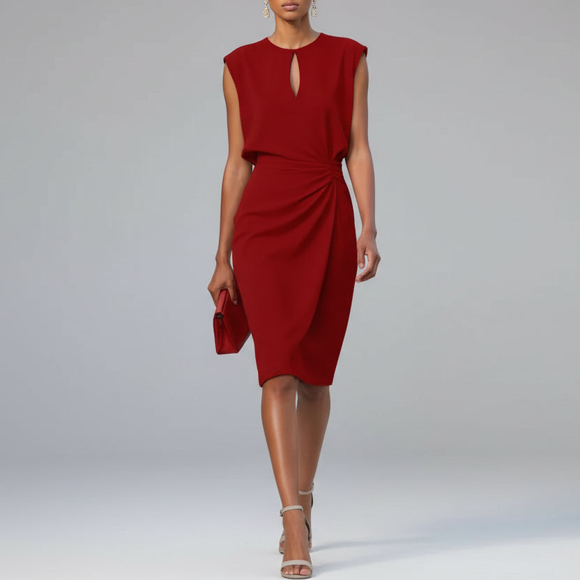 Elegant draped midi dress with a side drape detail in a sleek, sophisticated silhouette