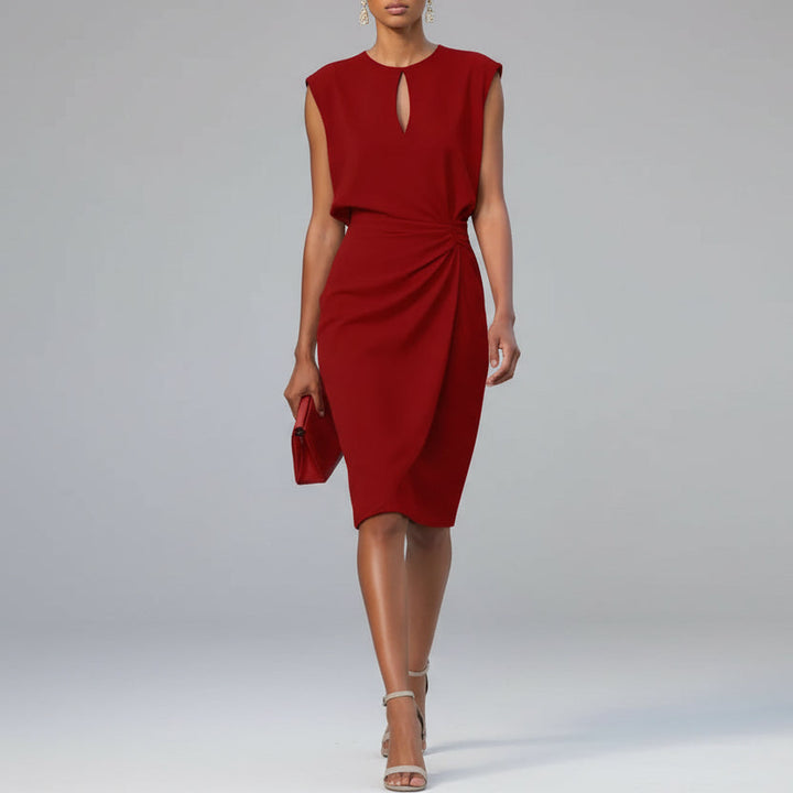 Elegant draped midi dress with a side drape detail in a sleek, sophisticated silhouette