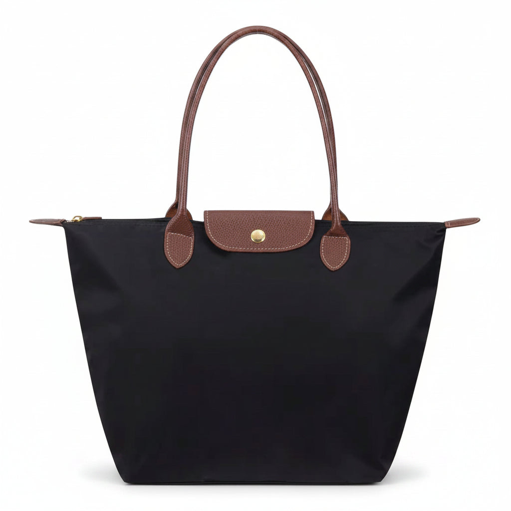Classic structured tote bag in navy with contrast handles, shown in multiple colours