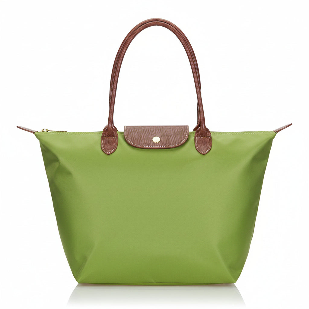 Classic structured tote bag in navy with contrast handles, shown in multiple colours